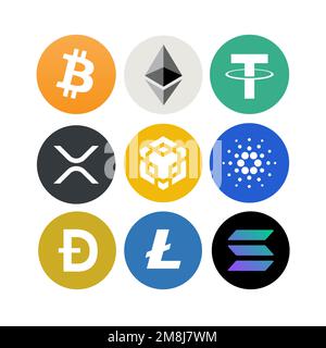 Set of the trending Cryptocurrencies. Icons, vector illustration Stock Vector