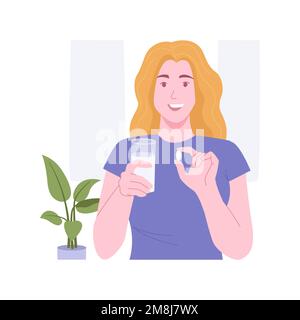 Dietary supplement isolated cartoon vector illustrations. Smiling girl takes vitamins and dietary supplement, holding a capsule and water glass, healt Stock Vector