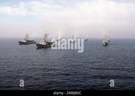 Destroyer Squadron One (DesRonOne) steaming in formation off the coast of San Clemente Island. The formation consists of seven FFG class ships of the Naval Reserve Force. From left to right, rear to front; left row (rear) USS SIDES (FFG-14), (front) USS MAHLON S. TISDALE (FFG-27), middle row (rear) USS DUNCAN (FFG-10) (center) USS COPELAND (FFG-25) (lead ship) USS LEWIS B. PULLER (FFG-23), right row (rear) USS GEORGE PHILIP (FFG-12) and (front) USS WADSWORTH (FFG-9). Country: Pacific Ocean (POC) Stock Photo