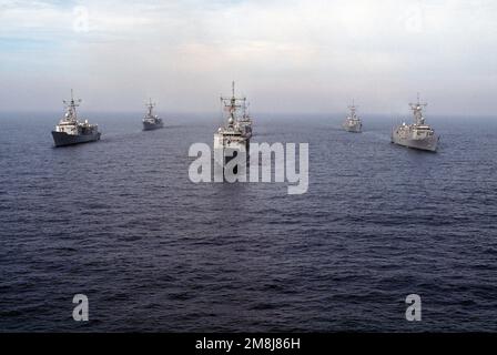 Destroyer Squadron One (DesRonOne) steaming in formation off the coast of San Clemente Island. The formation consists of seven FFG class ships of the Naval Reserve Force. From left to right, rear to front; left row (rear) USS SIDES (FFG-14), (front) USS MAHLON S. TISDALE (FFG-27), middle row (rear) USS DUNCAN (FFG-10) (center) USS COPELAND (FFG-25) (lead ship) USS LEWIS B. PULLER (FFG-23), right row (rear) USS GEORGE PHILIP (FFG-12) and (front) USS WADSWORTH (FFG-9). Country: Pacific Ocean (POC) Stock Photo