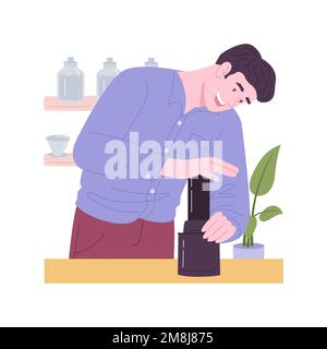 Coffee fan isolated cartoon vector illustrations. Strong man prepares coffee with aero press, grinding beans, modern home kitchen appliances, morning Stock Vector