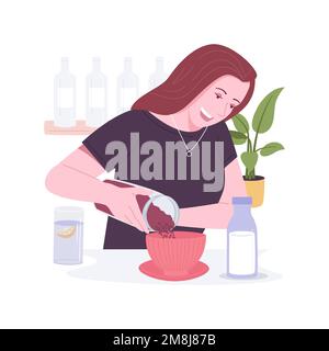 Homemade granola isolated cartoon vector illustrations. Young woman preparing granola with milk, cooking homemade breakfast, home kitchen appliances, Stock Vector