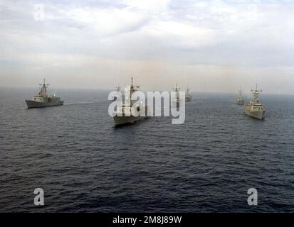 Destroyer Squadron One (DesRonOne) steaming in formation off the coast of San Clemente Island. The formation consists of seven FFG class ships of the Naval Reserve Force. From left to right, rear to front; left row (rear) USS SIDES (FFG-14), (front) USS MAHLON S. TISDALE (FFG-27), middle row (rear) USS DUNCAN (FFG-10) (center) USS COPELAND (FFG-25) (lead ship) USS LEWIS B. PULLER (FFG-23), right row (rear) USS GEORGE PHILIP (FFG-12) and (front) USS WADSWORTH (FFG-9). Country: Pacific Ocean (POC) Stock Photo