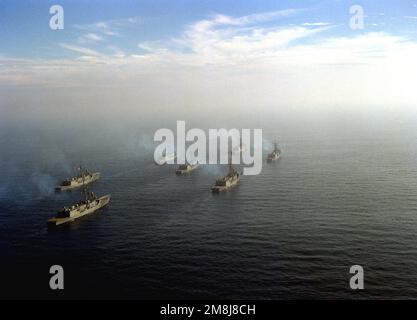 Destroyer Squadron One (DesRonOne) steaming in formation off the coast of San Clemente Island. The formation consists of seven FFG class ships of the Naval Reserve Force. From left to right, rear to front; left row (rear) USS SIDES (FFG-14), (front) USS MAHLON S. TISDALE (FFG-27), middle row (rear) USS DUNCAN (FFG-10) (center) USS COPELAND (FFG-25) (lead ship) USS LEWIS B. PULLER (FFG-23), right row (rear) USS GEORGE PHILIP (FFG-12) and (front) USS WADSWORTH (FFG-9). Country: Pacific Ocean (POC) Stock Photo