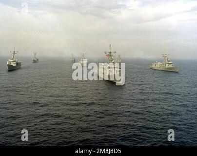 Destroyer Squadron One (DesRonOne) steaming in formation off the coast of San Clemente Island. The formation consists of seven FFG class ships of the Naval Reserve Force. From left to right, rear to front; left row (rear) USS SIDES (FFG-14), (front) USS MAHLON S. TISDALE (FFG-27), middle row (rear) USS DUNCAN (FFG-10) (center) USS COPELAND (FFG-25) (lead ship) USS LEWIS B. PULLER (FFG-23), right row (rear) USS GEORGE PHILIP (FFG-12) and (front) USS WADSWORTH (FFG-9). Country: Pacific Ocean (POC) Stock Photo