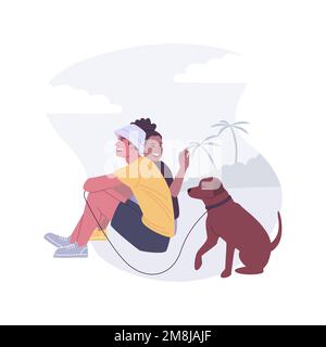 Dog beach isolated cartoon vector illustrations. Happy couple sit with cute dog at the beach, spending time with adorable pet together, puppy on a lea Stock Vector
