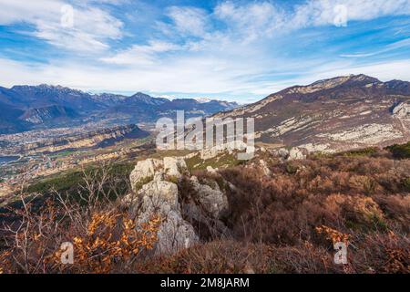 Italian Alps, Brenta Dolomites and Sarca valley, view from the Monte Baldo. Lake Garda, Nago-Torbole and Riva del Garda, Trentino Alto Adige, Italy. Stock Photo