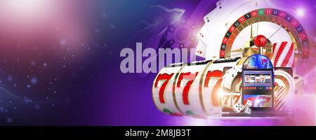 Casino Gambling Concept Banner Background with Left Side Copy Space. Casino Games Like Roulette, Slot Machine and Craps. 3D Render Illustration. Stock Photo