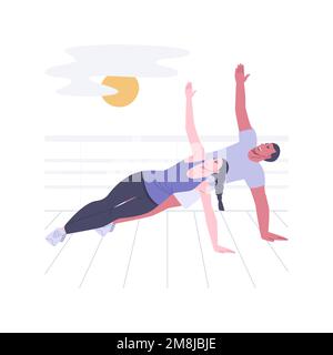 Sunrise session isolated cartoon vector illustrations. Couple doing morning yoga together, stretching exercises at sunrise, fitness activity, sport ad Stock Vector