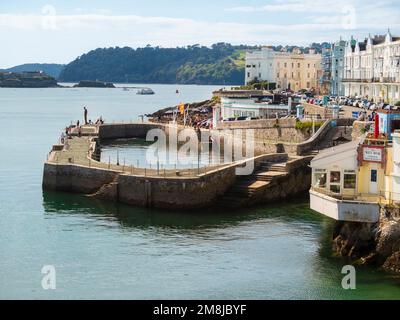 Plymouth, UK, West Hoe Pier and Grand Parade with Drake's Island and Cornwall in the background Stock Photo