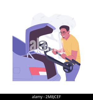 Compact vehicle solution isolated cartoon vector illustrations. Man folding electric scooter, compact foldable model, transportable in car, urban life Stock Vector
