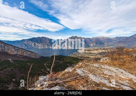 Aerial view of Lake Garda with the Alps, Dolomites and Sarca valley, from the Monte Baldo. Torbole and Riva del Garda town, Trentino Alto Adige, Italy Stock Photo