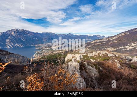 Aerial view of Lake Garda with the Alps, Dolomites and Sarca valley, from the Monte Baldo. Torbole and Riva del Garda town, Trentino Alto Adige, Italy Stock Photo