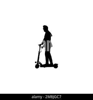 Electric scooter in man icon. Simple style city transport poster background symbol. Electric scooter in man brand logo design element. Stock Vector