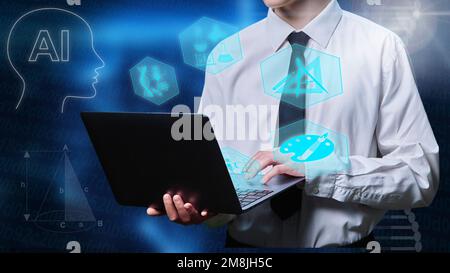 Young male using laptop ai for learning getting online education Stock Photo