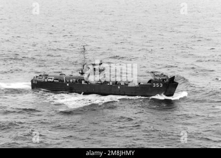 Aerial starboard side view of the Taiwanese medium landing ship MEI PENG (LSM-353) underway. The ship is the former U.S. Navy LSM-1 class LSM-471. Country: South China Sea Stock Photo