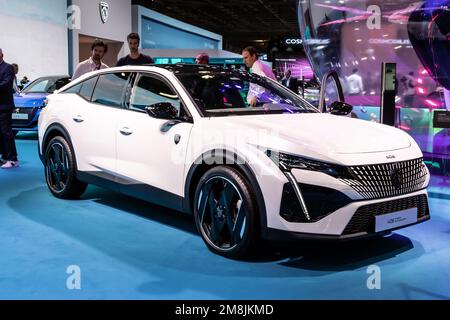 Peugeot 408 Plug-In Hybrid car showcased at the Paris Mondial de l'Automobile. Paris, France - October 17, 2022. Stock Photo