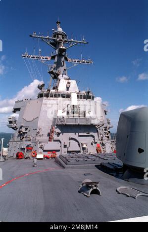 A vertical view of the forward deck of the guided missile ship USS ...