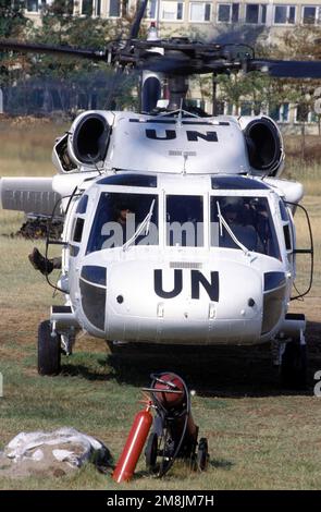 The aircrew members from the US Army's, A Company, 7th Battalion, 1ST Aviation Regiment, 4th Brigade, 3rd Infantry Division, Katterbach Germany, performing a preflight inspection on a UH-60 Blackhawk helicopter with United Nation's designations prior to their mission at Camp Able Sentry II. Subject Operation/Series: PROVIDE PROMISE Base: Camp Able Sentry State: Skopje Country: Macedonia (MKD) Stock Photo