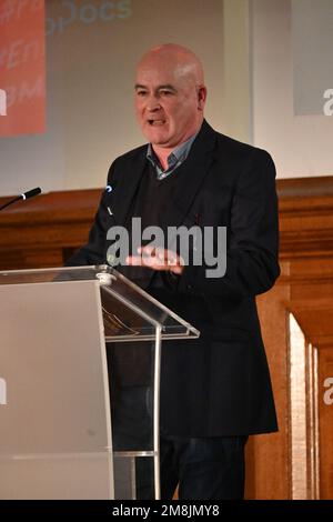 London, UK. 14 January 2023. Speaker Mick Lynch Secretary-General is a National Union of Rail and Maritime and Transport Workers at The BMA Junior Doctors Committee in the UK is holding a rally for pay restoration at Central Hall Westminster. Credit: See Li/Picture Capital/Alamy Live News Stock Photo