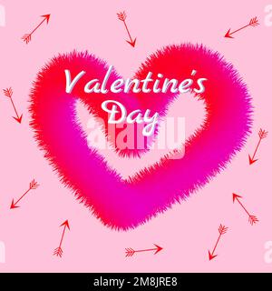 Red Heart with gradient and fur texture on pink background with arrows, Valentines Day inscription. Stock Vector