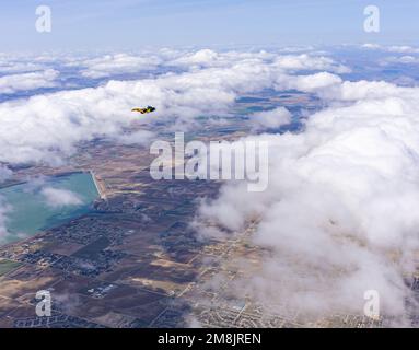 Brandon Dumont flying his tracking suit above Caldwell Idaho Stock Photo