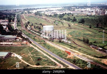 Aerial view around Moi International Airport showing railroad and industrial areas. Subject Operation/Series: SUPPORT HOPE Base: Mombasa Country: Kenya (KEN) Stock Photo