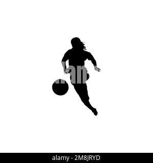 Woman football player icon. Simple style world woman football cup poster background symbol. Woman football player brand logo design element. Woman foo Stock Vector
