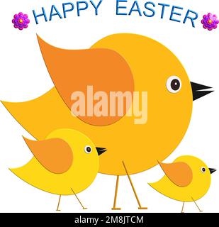 Happy Easter greeting card with chicks and flowers Stock Vector