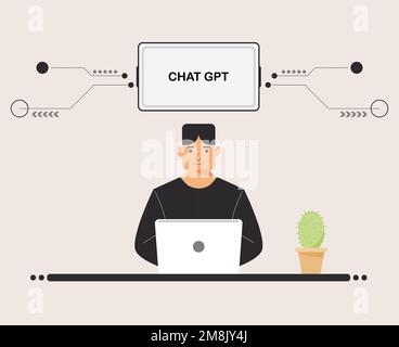 chat GPT men person use laptop digital. boy people search chat GPT AI, openAI, smart bot, workplace, technology background. vector illustration Stock Vector