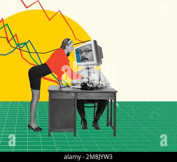 Contemporary art collage. Conceptual design. Secretary, woman serving boss coffee. Man getting distracted from business analytics Stock Photo