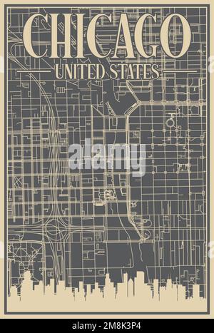 Road network poster of the downtown CHICAGO, UNITED STATES OF AMERICA Stock Vector