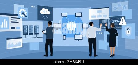 Engineers in a virtual reality environment, they are interacting with screens and user interfaces: IT innovations concept Stock Vector