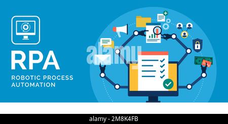 RPA robotic process automation concept: computer with robotic arms performing automated tasks, banner with copy space Stock Vector