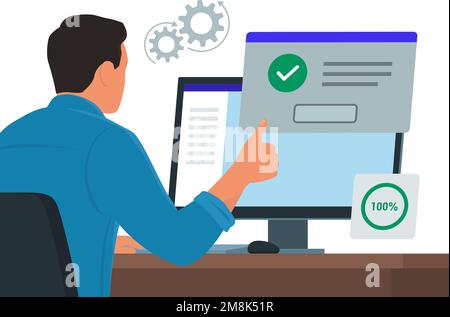Man sitting at desk using a computer and giving a thumbs up, he receives a system notification: the software installation is complete Stock Vector