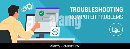 Man sitting at desk using a computer and giving a thumbs up, he receives a system notification: the software installation is complete Stock Vector