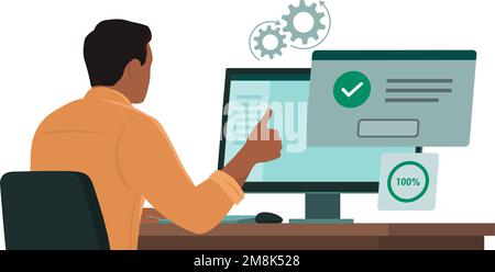Man sitting at desk using a computer and giving a thumbs up, he receives a system notification: the software installation is complete Stock Vector