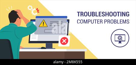 Man sitting at desk and using a computer, he receives an error message notification on a dialog box window Stock Vector