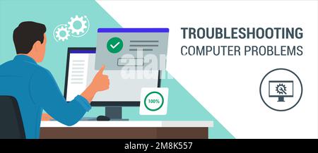 Man sitting at desk using a computer and giving a thumbs up, he receives a system notification: the software installation is complete Stock Vector