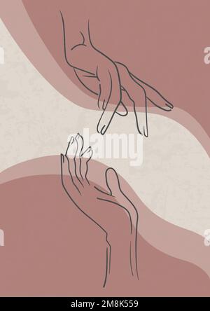 Moving hands aesthetic linear drawing poster illustration. Minimalistic modern woman and man hands Stock Vector