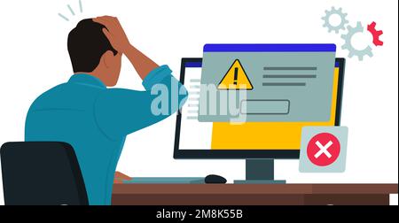 Man sitting at desk and using a computer, he receives an error message notification on a dialog box window Stock Vector