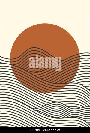 Retro sun and waves boho minimalist printable wall art. Geometric abstract sunset Stock Vector