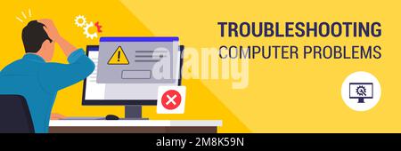 Man sitting at desk and using a computer, he receives an error message notification on a dialog box window Stock Vector