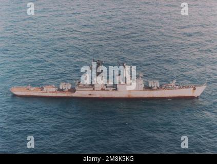 Aerial starboard side view of the former Russian Navy Pacific Fleet Kynda class guided missile cruiser Admiral Fokin as seen under tow en route tot a scrapping facility. Country: Sea Of Japan Stock Photo