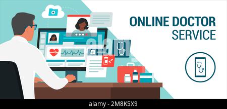 Online doctor talking with a patient on a video call, he is giving a consultation and prescription medicine, telemedicine concept Stock Vector