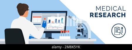 Professional scientist woman working in the medical laboratory, she is checking test results on the computer and holding a vial, microscope and medica Stock Vector