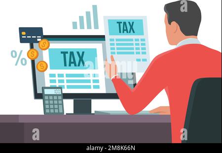 Online e-tax payment on computer: man checking tax forms on his computer and paying with a credit card Stock Vector