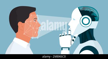 AI robot identifying a man's face and thinking, biometrics and face recognition concept Stock Vector