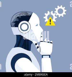 Confused AI robot thinking with hand on chin, artificial intelligence failure and system error concept Stock Vector
