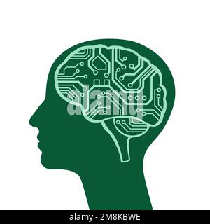 Human head with electric circuit board as brains. Artificial intelligence. Stock Vector